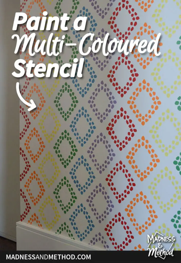paint a multi-coloured stencil text overlay with rainbow pattern