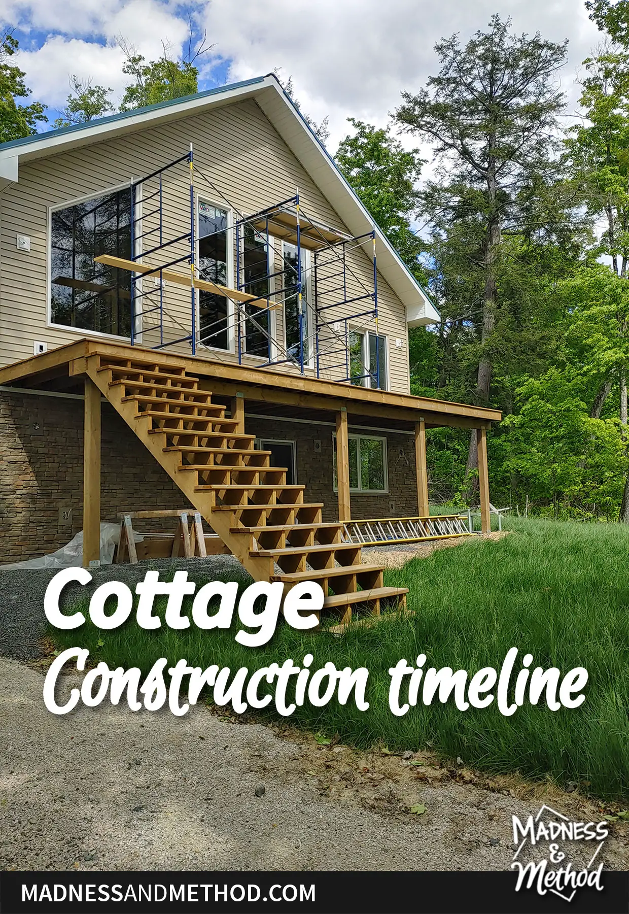 cottage construction timeline text overlay with two level cottage and big windows