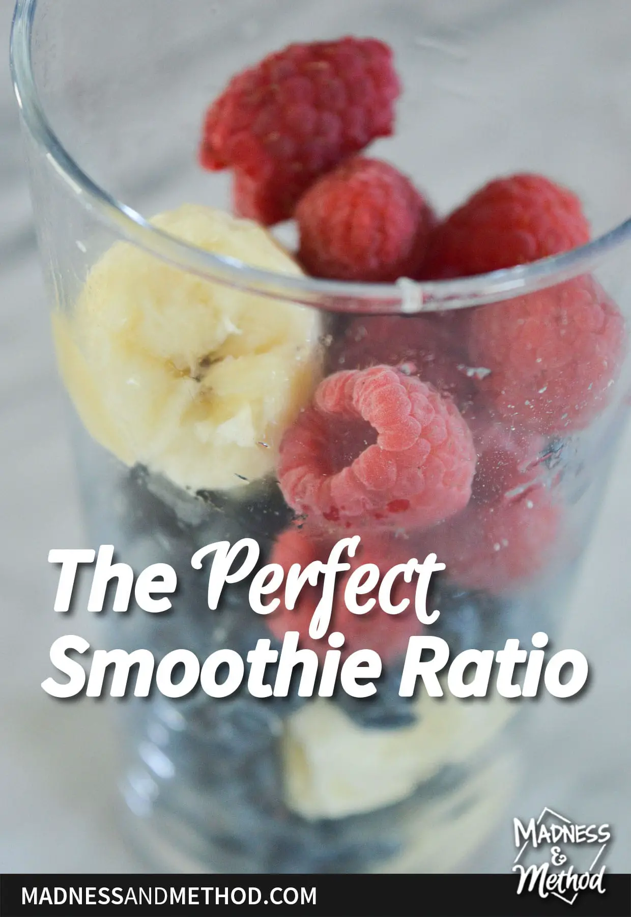 perfect smoothie ratio text overlay with fruit