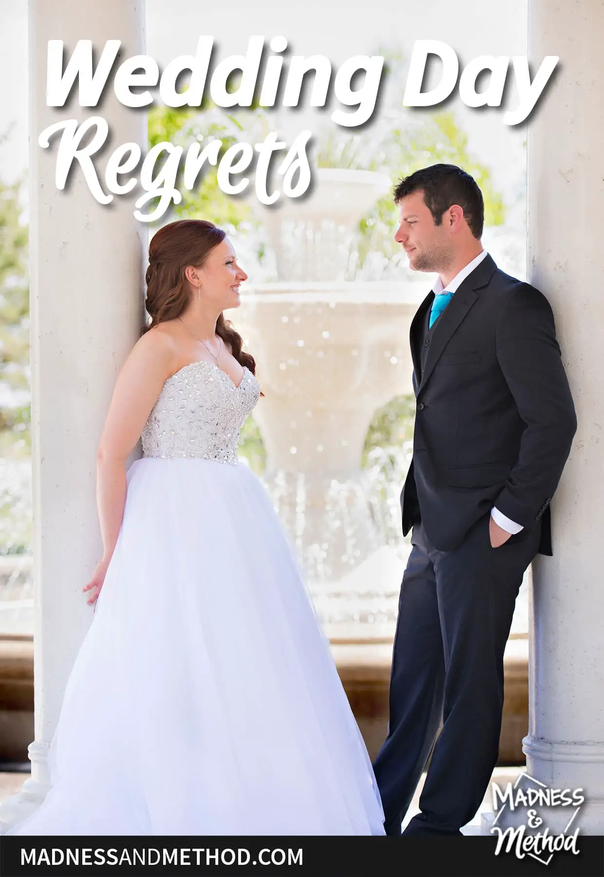 wedding day regrets text overlay with couple in columns