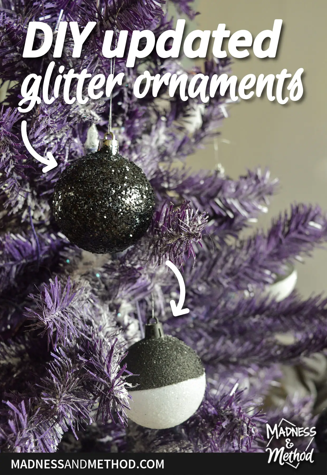 diy updated glitter ornaments text overlay with purple tree