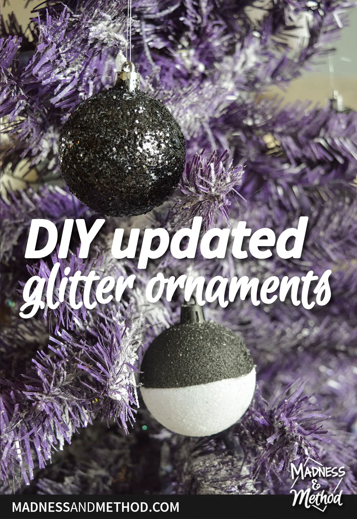 purple christmas tree with diy updated glitter ornaments