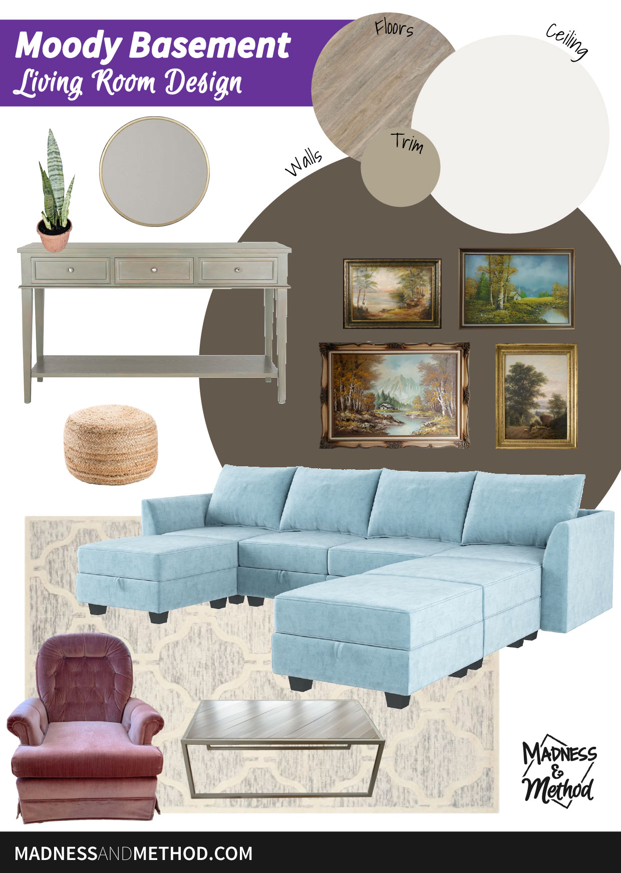 cottage basement living room moodboard