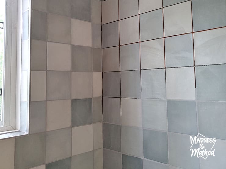 mixed blue tiles with gray grout