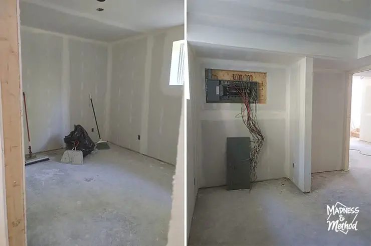basement bedroom with drywall progress