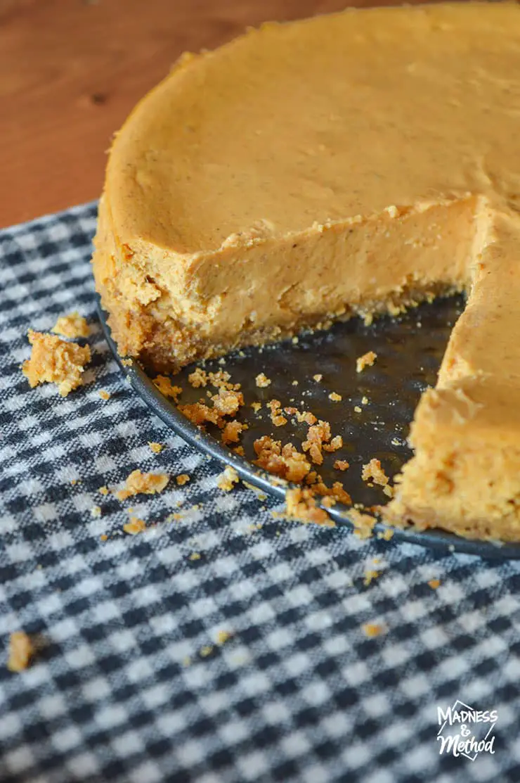 slice missing from pumpkin pie cheesecake