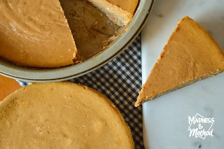 three pumpkin pie cheesecakes