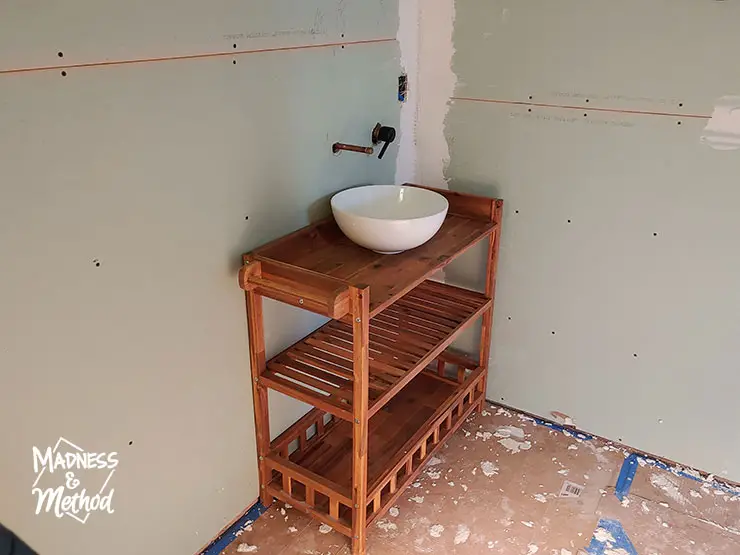 bathroom vanity open shelves