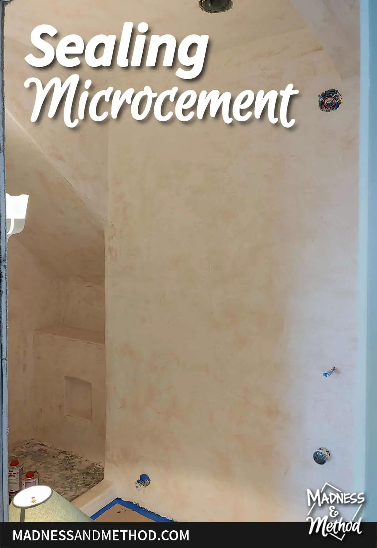 sealing microcement text overlay with pink bathroom
