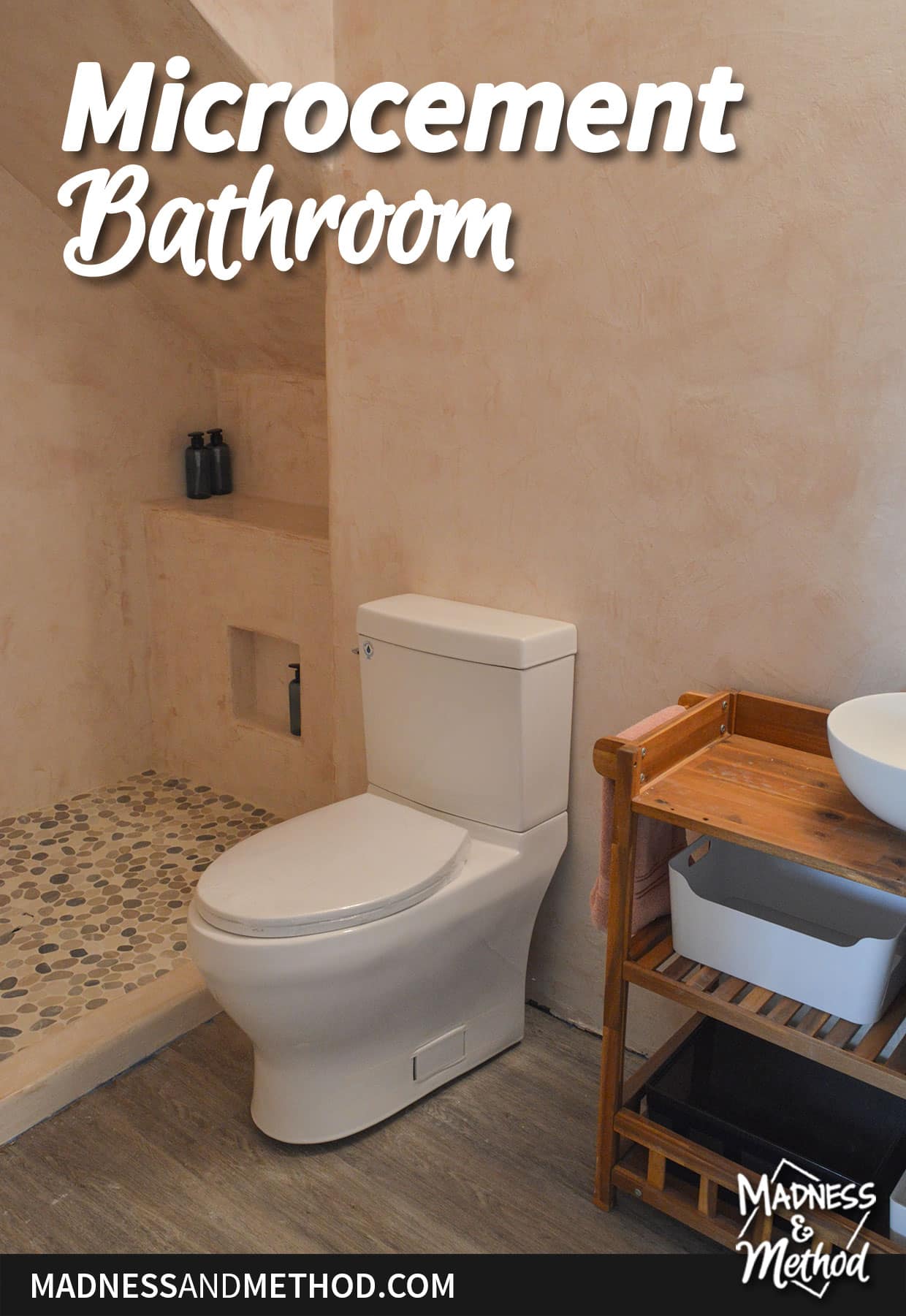 pink microcement bathroom with white toilet