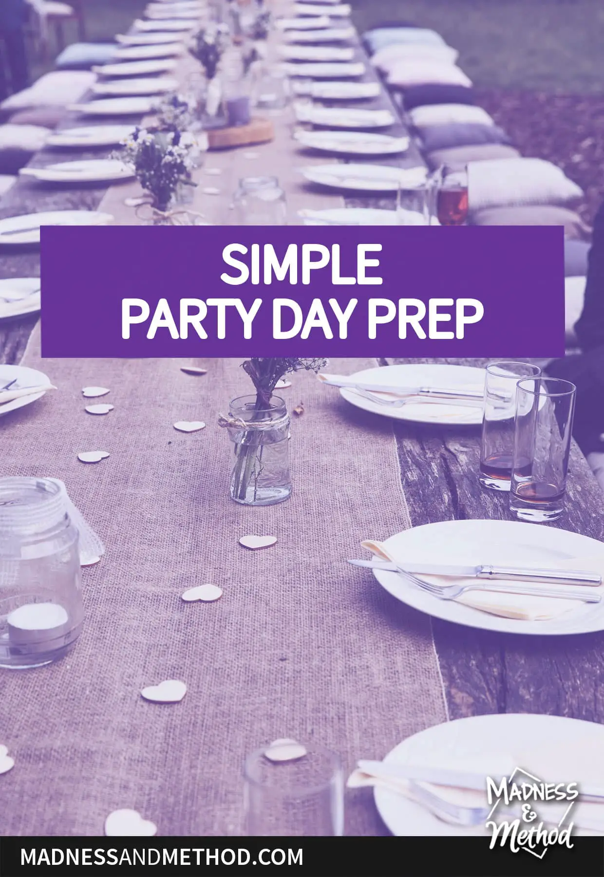 simple party day prep text overlay with long table