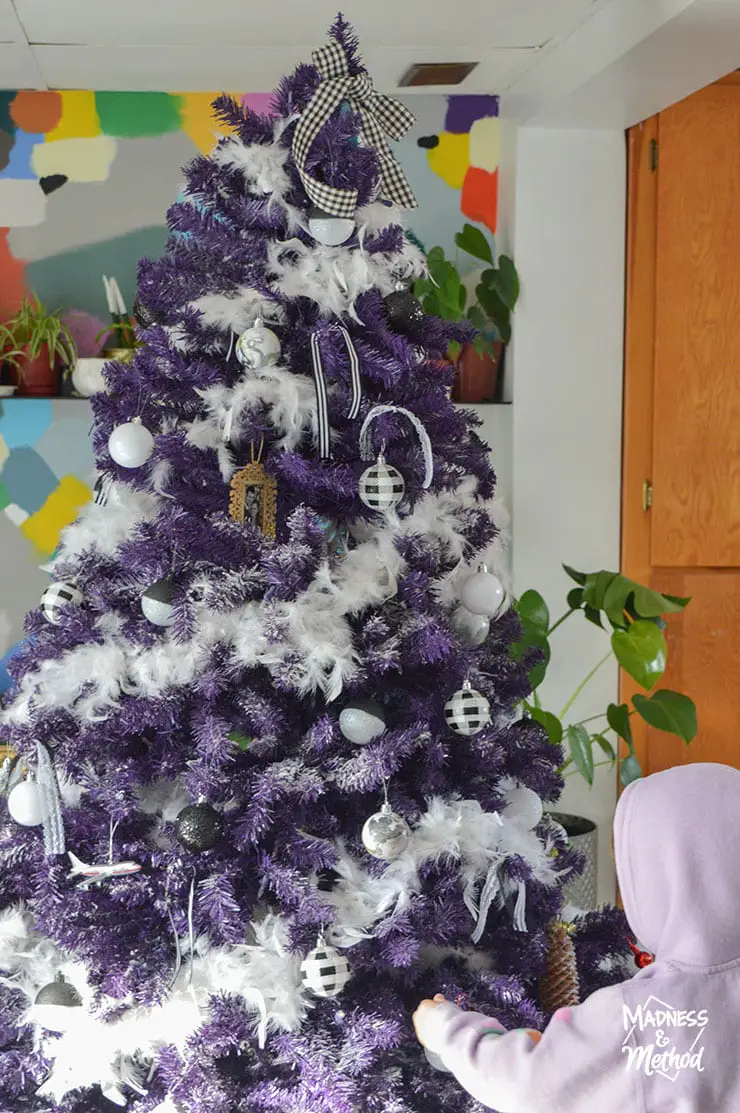 purple christmas tree with black and white