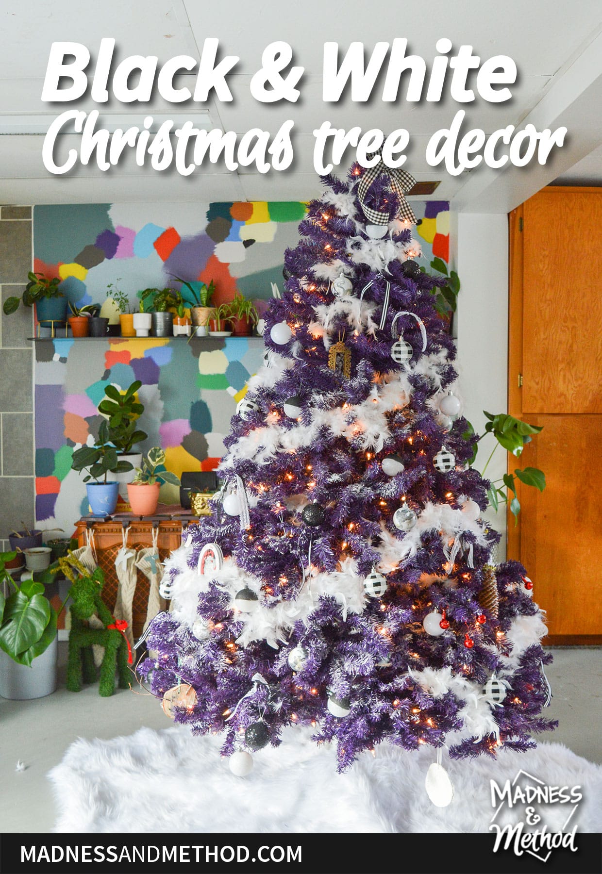 black and white christmas tree decor text overlay with purple tree