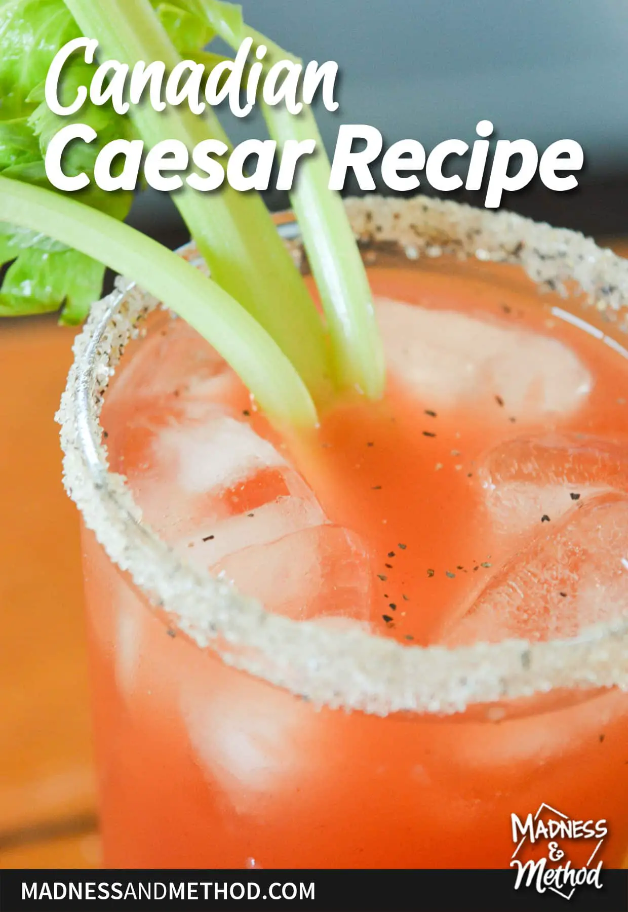 canadian caesar recipe text overlay with drink