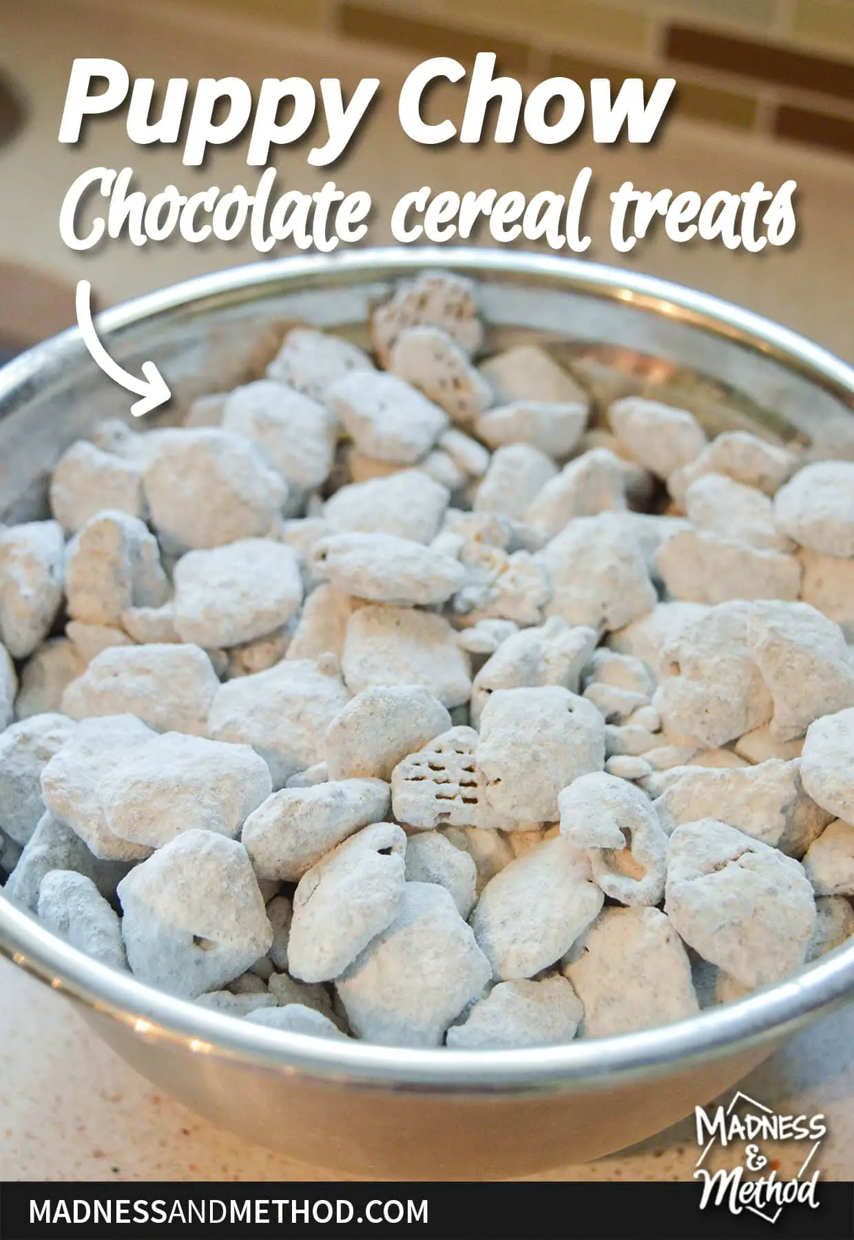 puppy chow chocolate cereal treats in bowl