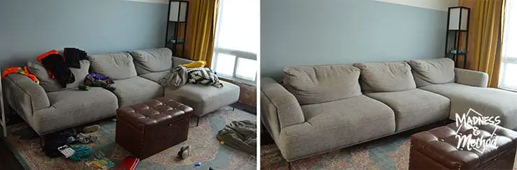 gray sofa with mess 