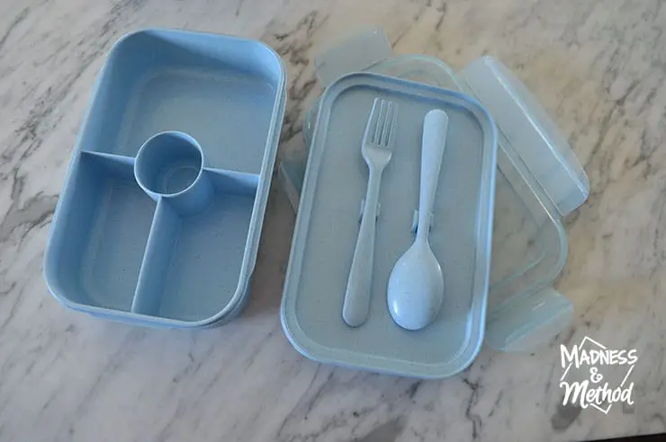 light blue bento box with utensils