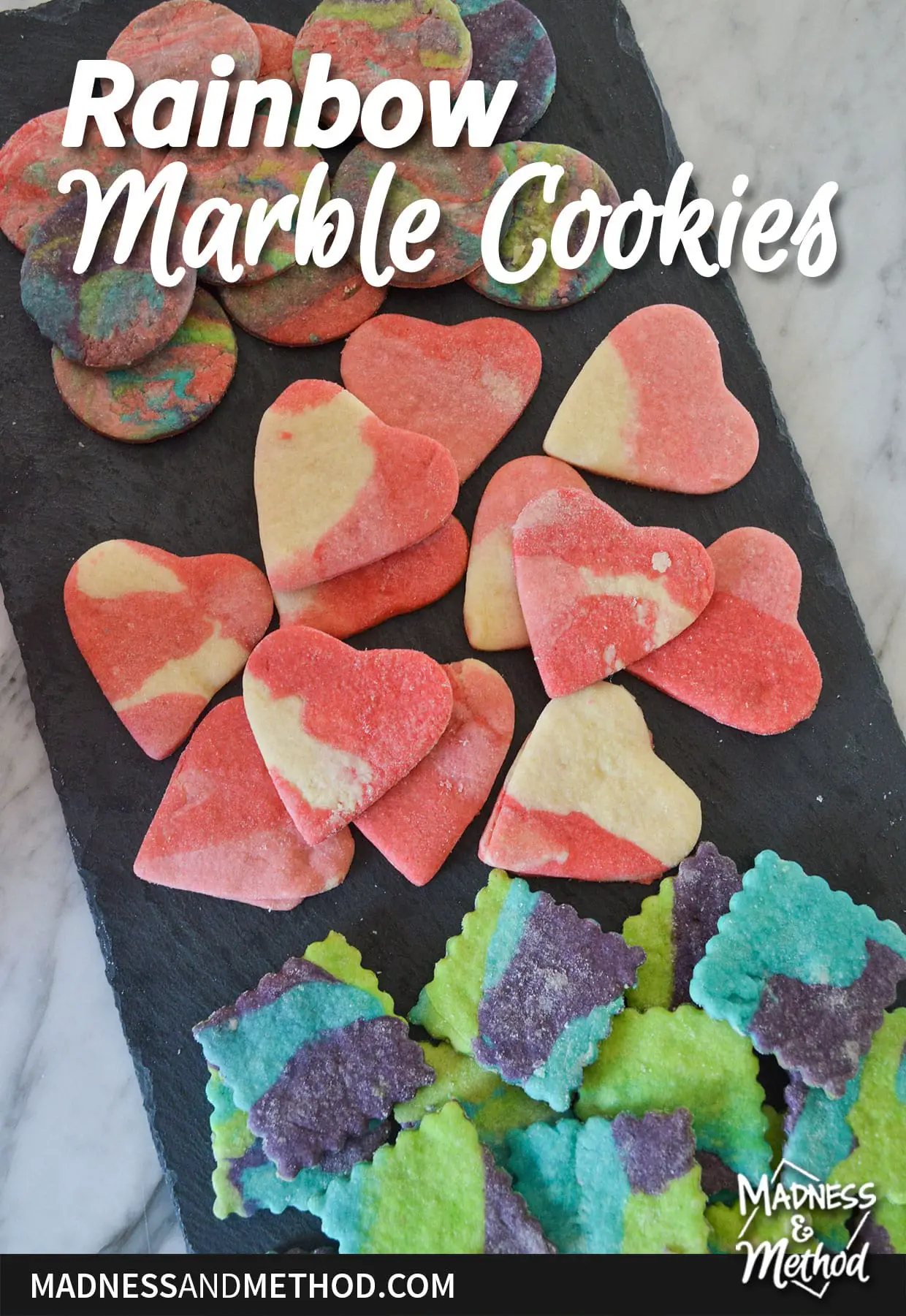 rainbow marble cookies on black tray