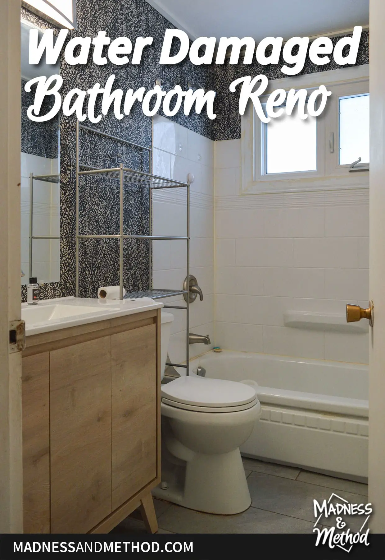 water damaged bathroom reno text overlay