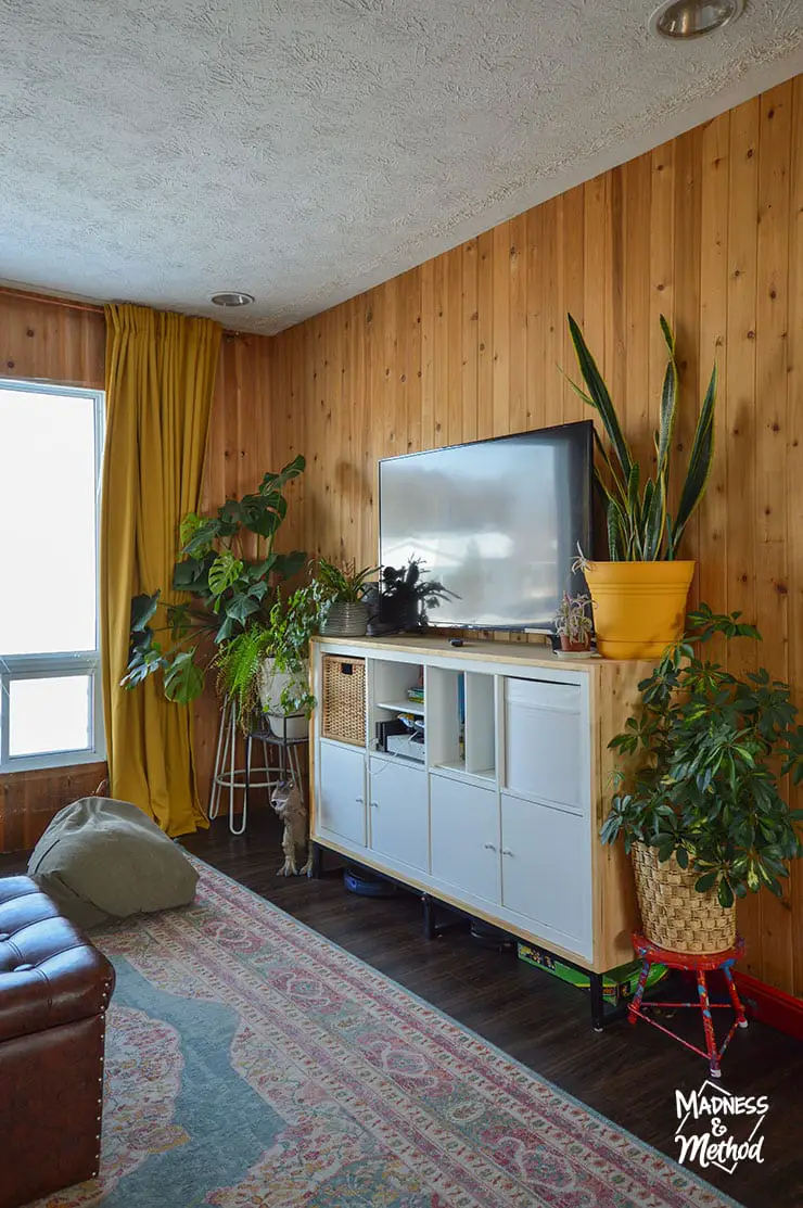 wood slat wall with tv