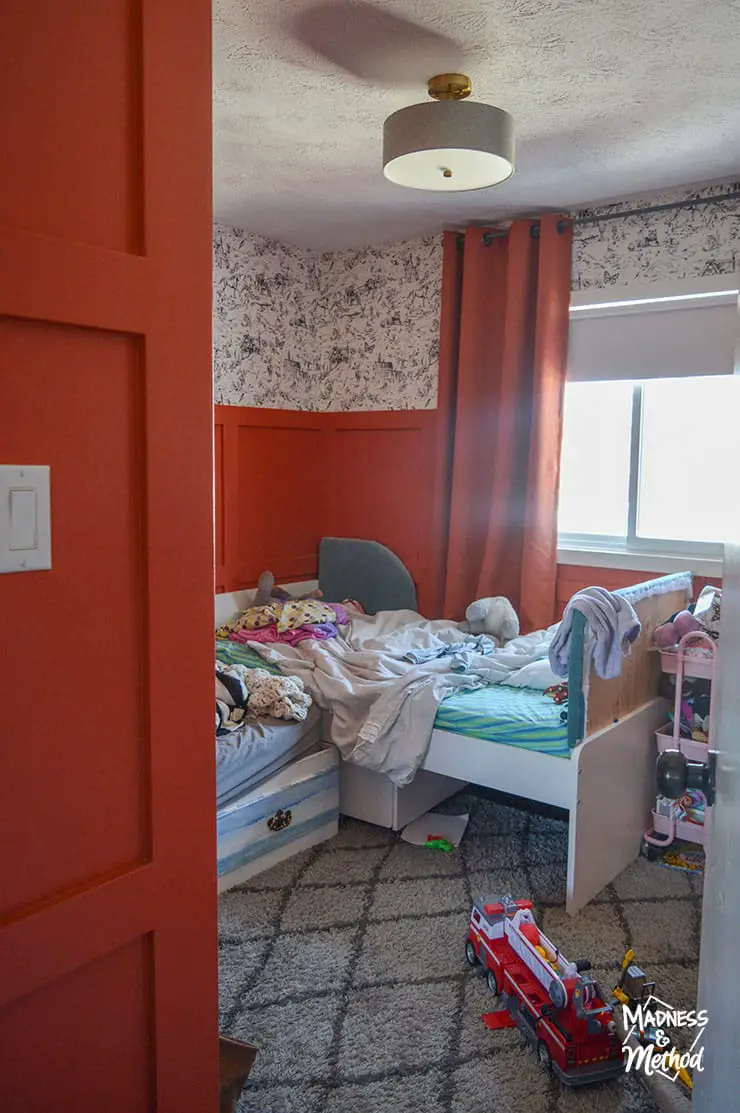 red orange messy kids room