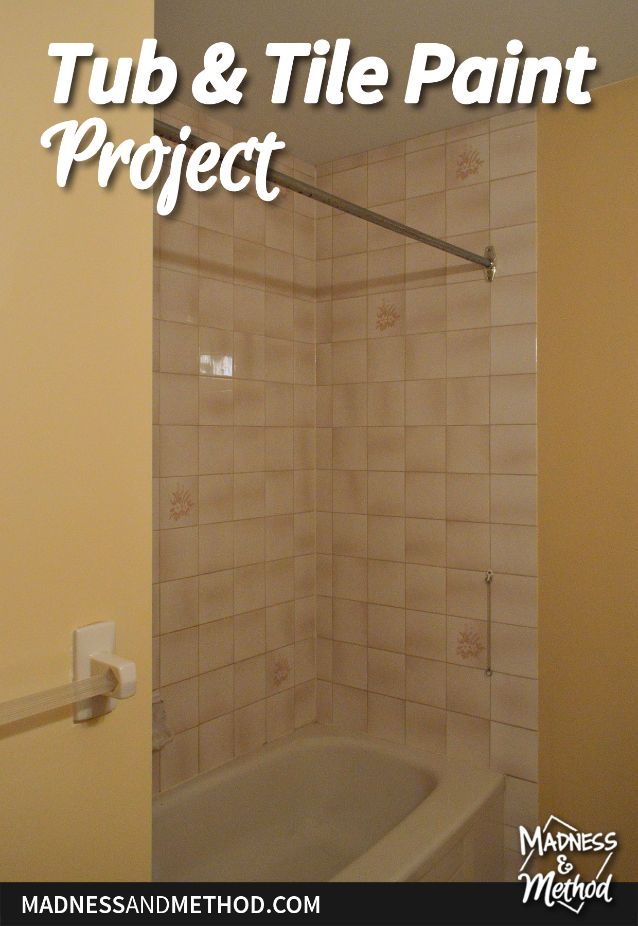 tub & tile paint project text overlay with beige tub