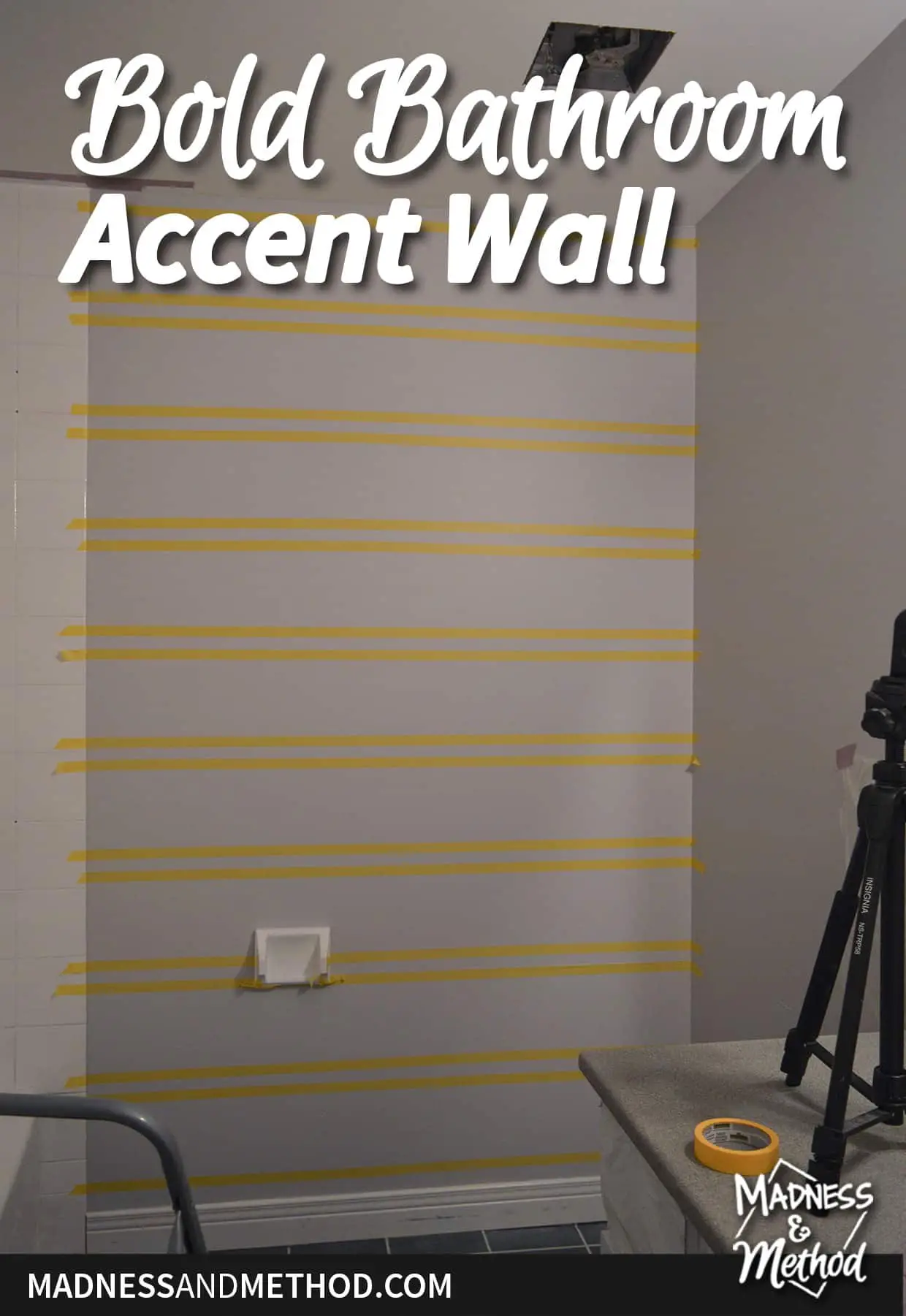 bold bathroom accent wall text with tape