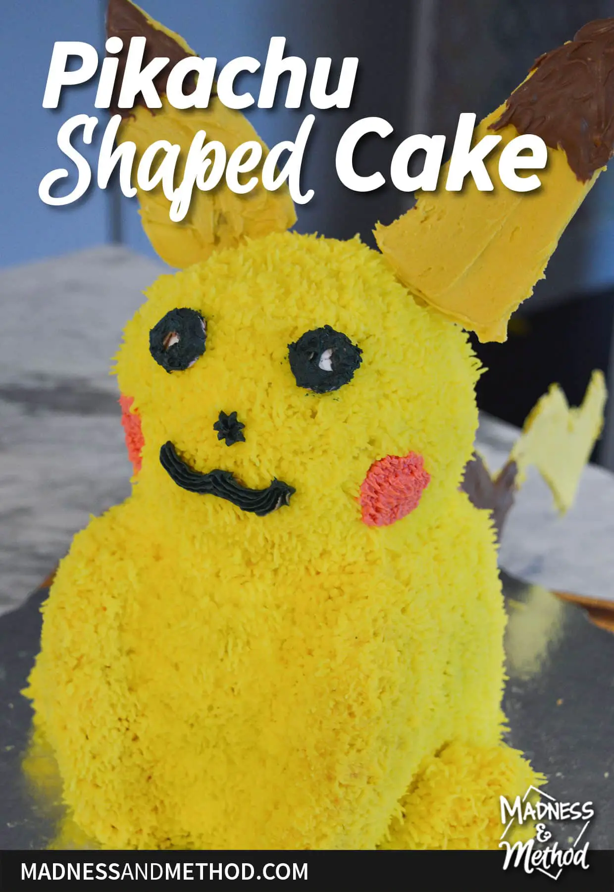 Pikachu shaped cake text overlay with cake