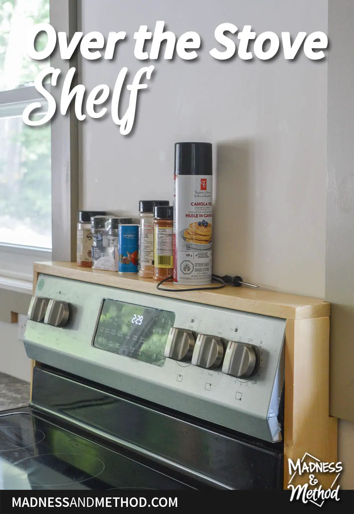 over the stove shelf text overlay with spices