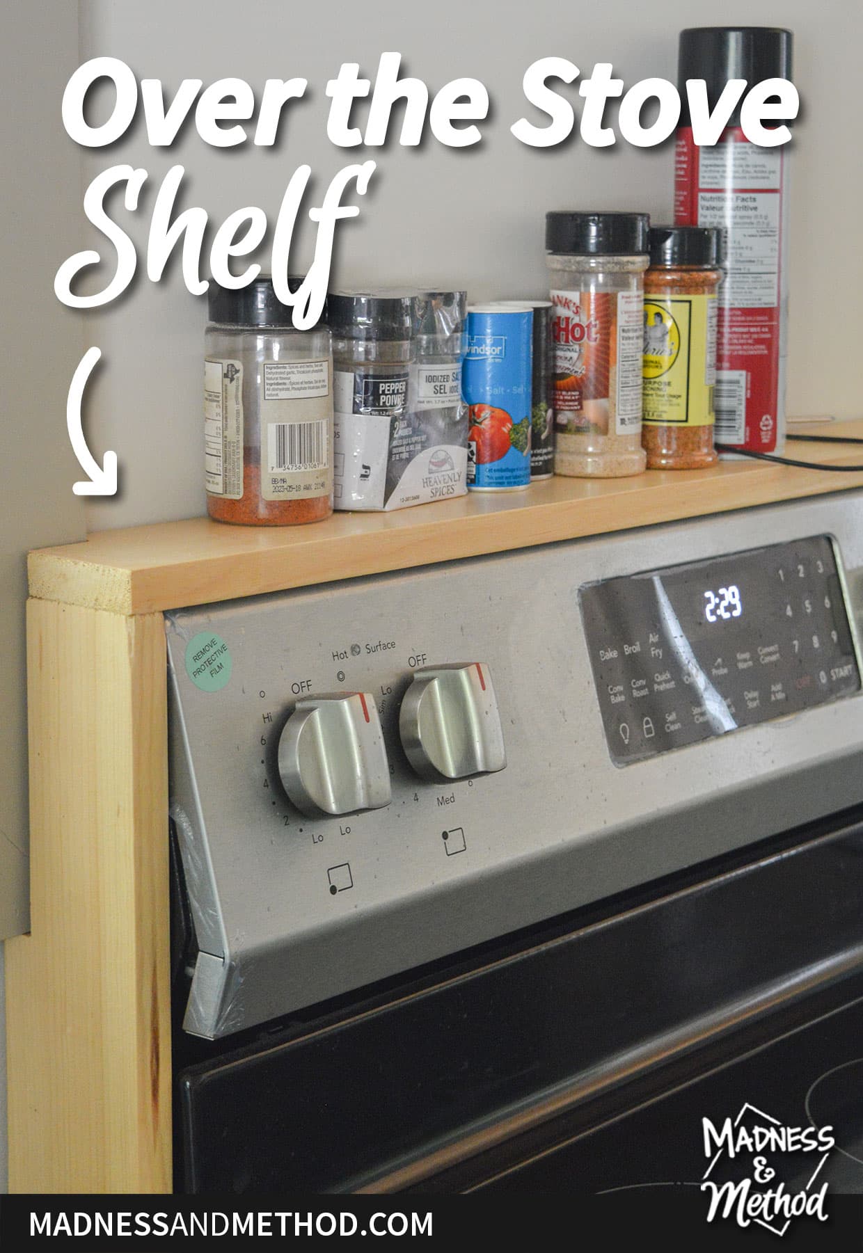 close up of over the stove wood shelf