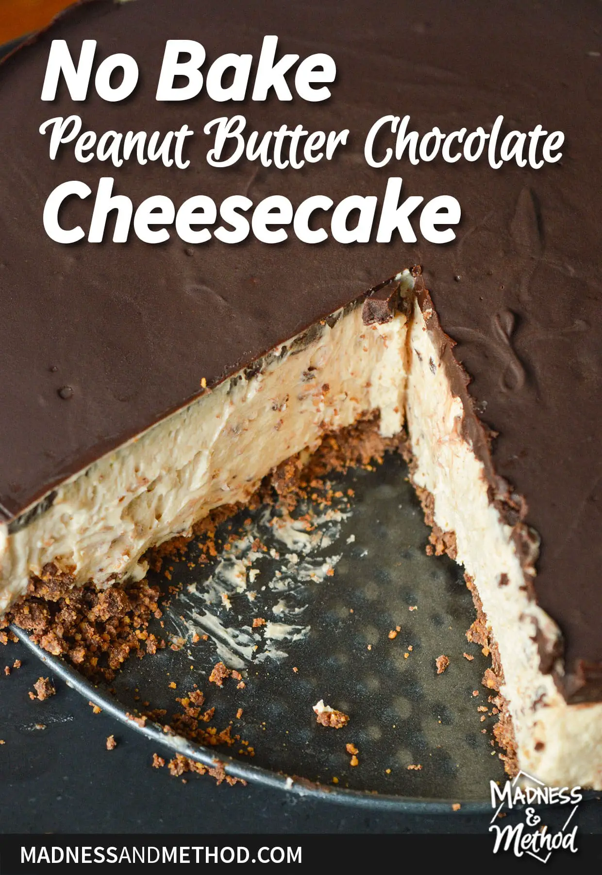 no bake peanut butter chocolate cheesecake graphic