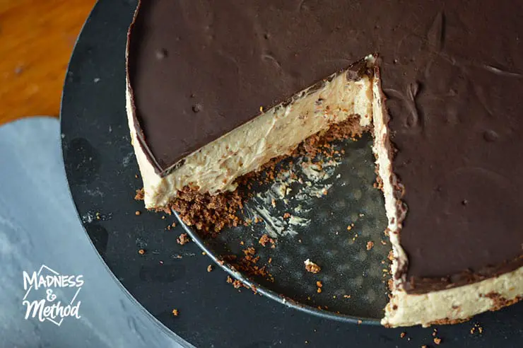 piece of no bake peanut butter chocolate cheesecake