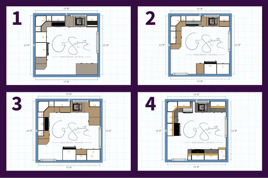 When renovating a kitchen yourself, it's always best to plan out a few floor plans ahead of time so you're not stuck with a cabinet and appliance layout that doesn't work. Check out the options we considered for our DIY kitchen renovation!