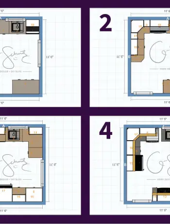 When renovating a kitchen yourself, it's always best to plan out a few floor plans ahead of time so you're not stuck with a cabinet and appliance layout that doesn't work. Check out the options we considered for our DIY kitchen renovation!