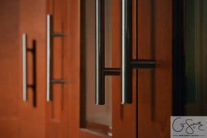 Are you thinking of renovating your kitchen? See which kitchen cabinets we chose and which floor layout we decided on (spoiler - we went with Ikea!) - Close Up of Kitchen Cabinets with Brushed Nickel Handles