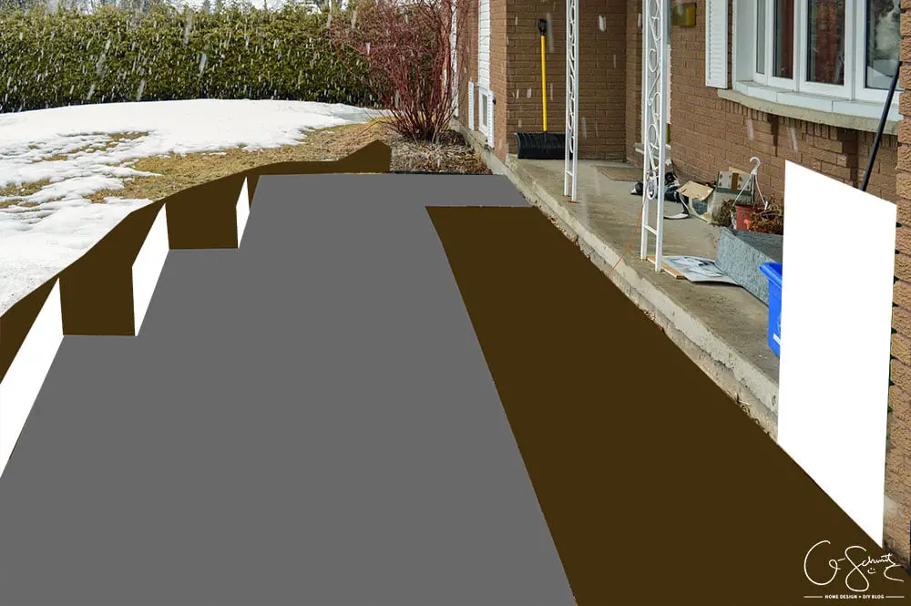 Some winter pictures of our current front walkway and the floor plan of how it looks now (and how I plan to DIY the walkway as well!)