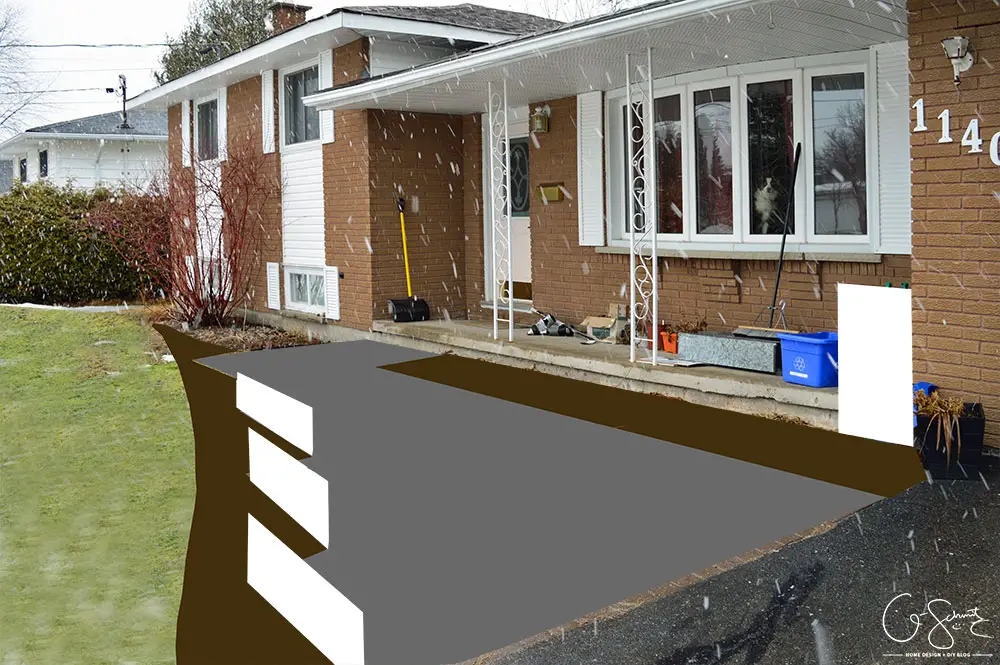Some winter pictures of our current front walkway and the floor plan of how it looks now (and how I plan to DIY the walkway as well!)