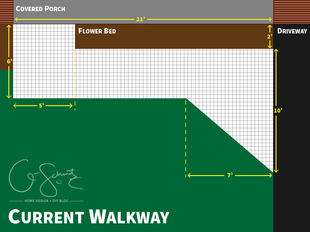 Some winter pictures of our current front walkway and the floor plan of how it looks now (and how I plan to DIY the walkway as well!)