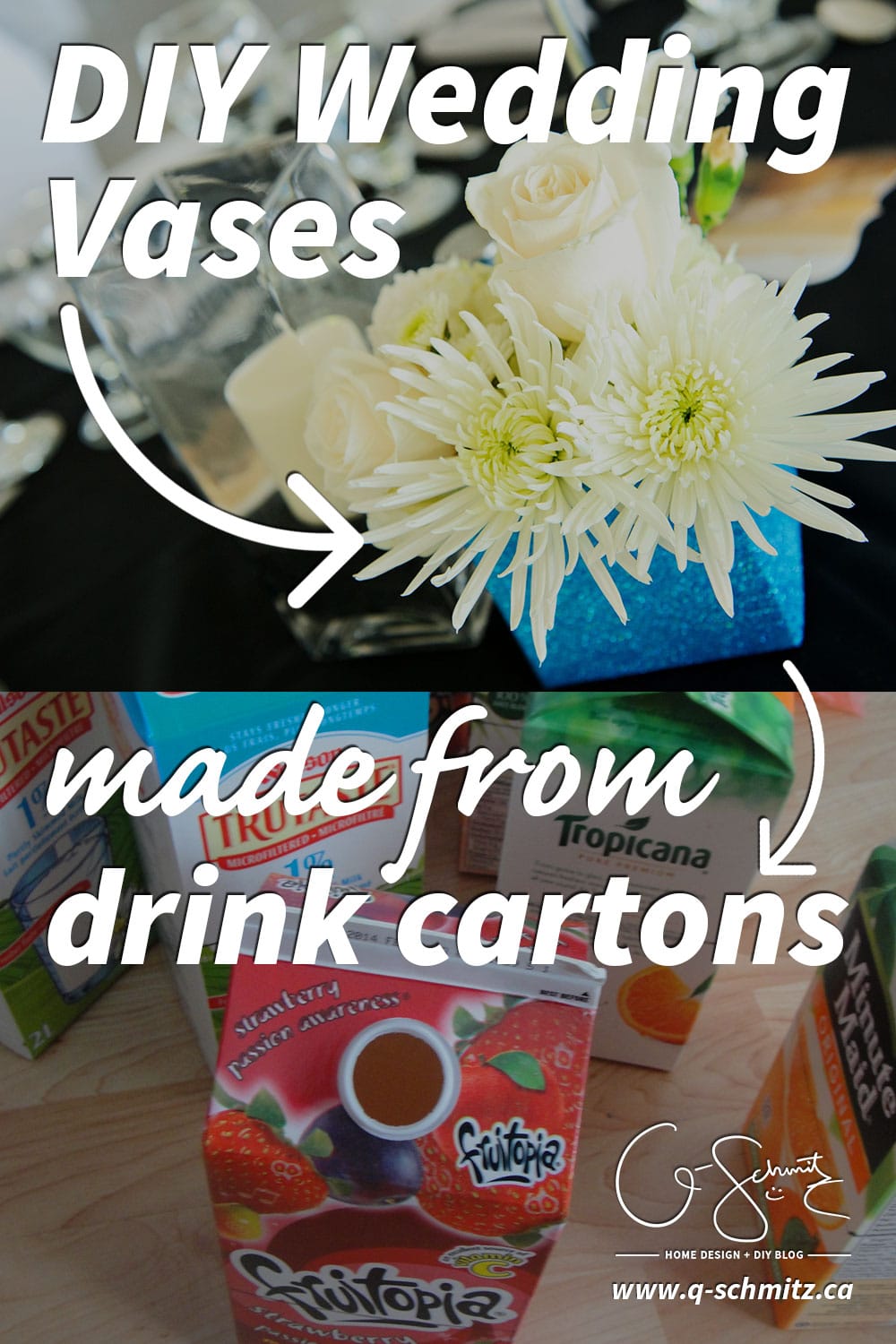 Can you believe that these DIY wedding vases were originally drink cartons? Check out the blog for the super easy and cheap process of turning juice and milk cartons into bright blue sparkly vases for wedding centerpieces and decor. And, check out the other ways I used this same DIY to add some other sparkles to our wedding day as well :)