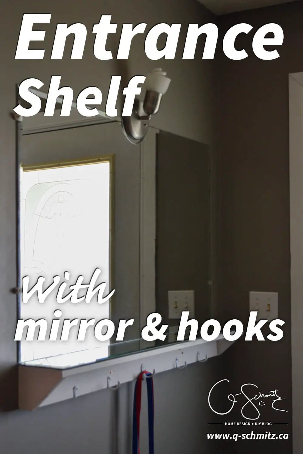 An easy DIY project to add storage & organization to your entryway! To recreate this entrance mirror and shelf, you'll need leftover wood, a builder-grade mirror, and some hooks.