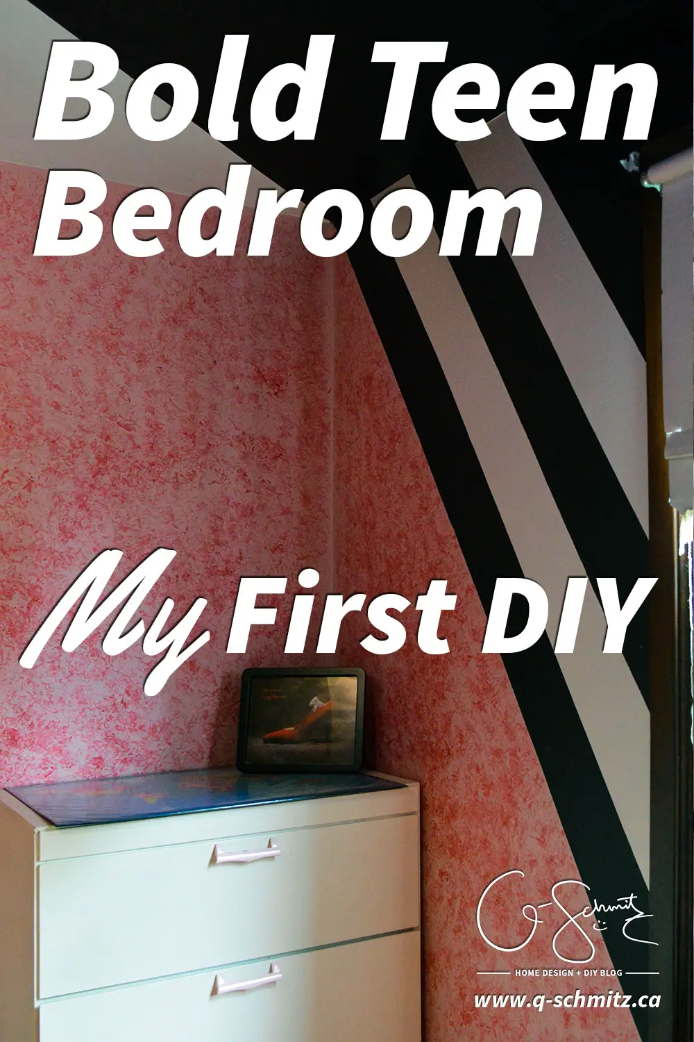 Are you ready to add some bold colour and stripes to your home décor? Check out my first major DIY project (my bold teen bedroom) – and feel free to incorporate some of this style into your girls’ bedroom. Actually, bright colours and contrasts are perfect for any kids room! 