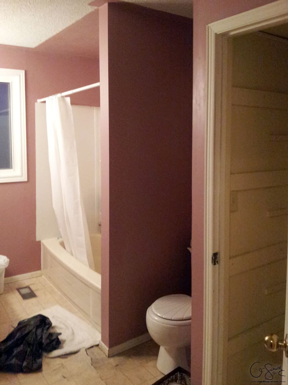 Here are the before pictures of our main DIY bathroom renovation... complete with pink walls, enclosed toilet niche and a full/drywall linen closet!