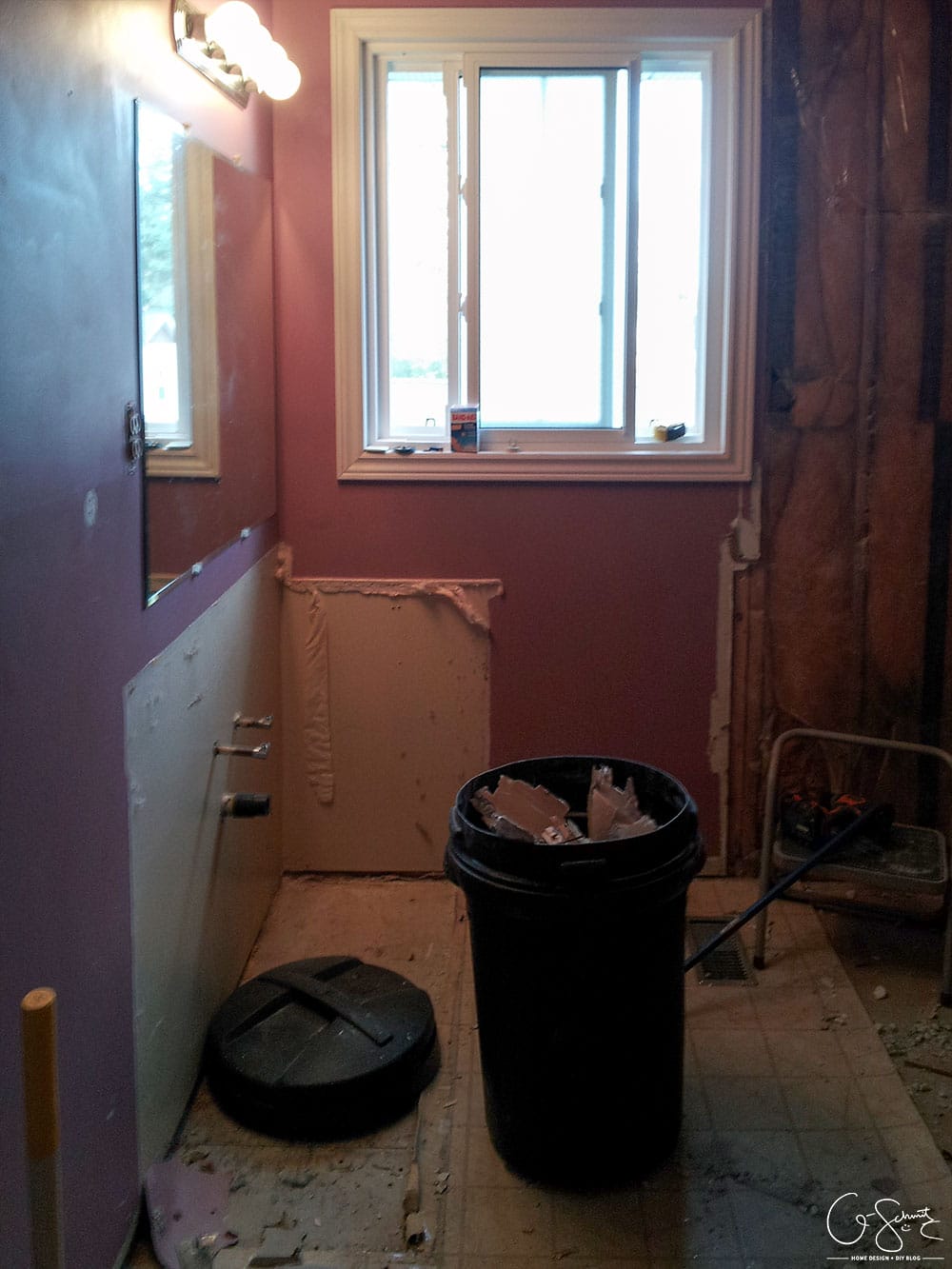 Here are the before pictures of our main DIY bathroom renovation... complete with pink walls, enclosed toilet niche and a full/drywall linen closet!