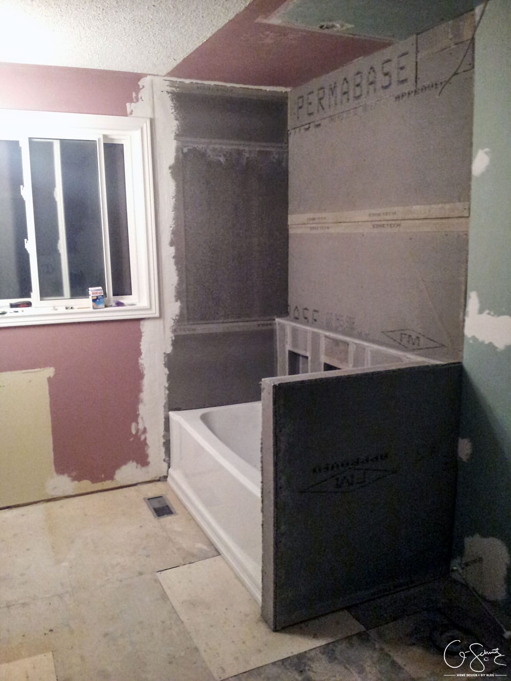 Here are the before pictures of our main DIY bathroom renovation... complete with pink walls, enclosed toilet niche and a full/drywall linen closet!