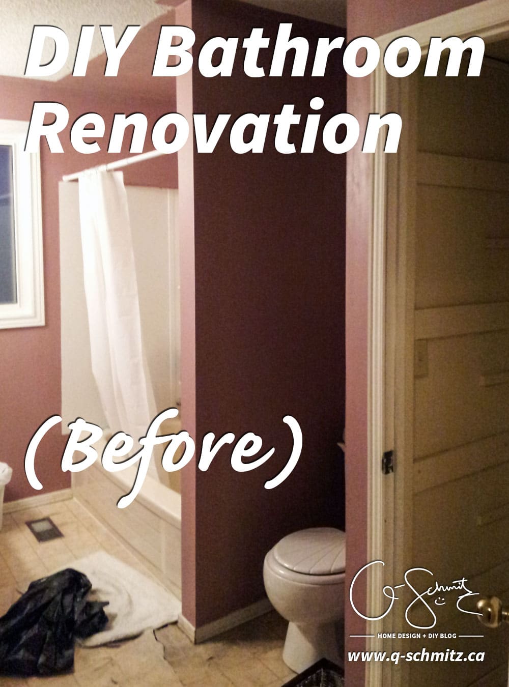 Here are the before pictures of our main DIY bathroom renovation... complete with pink walls, enclosed toilet niche and a full/drywall linen closet!