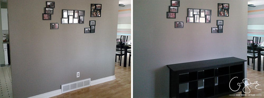 The living and dining room are two combined spaces in our house. Check out pictures of these two areas and the striped accent wall that joins them both together. 