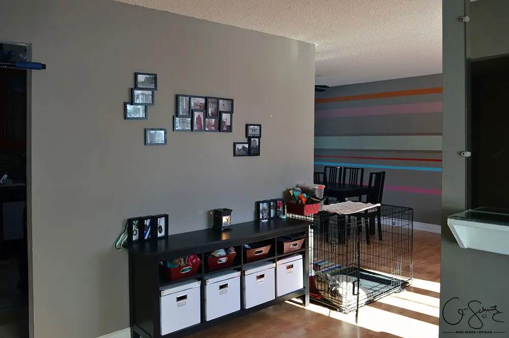 The living and dining room are two combined spaces in our house. Check out pictures of these two areas and the striped accent wall that joins them both together. 