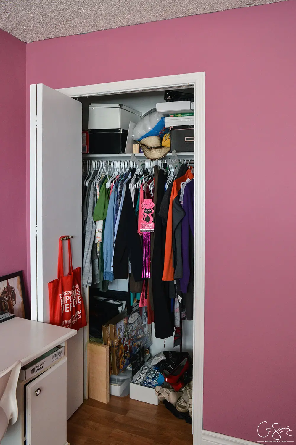 As soon as we moved into our house we painted all the rooms. For this room, I mixed a bunch of paint I already had to create the perfect “muted pepto-pink”, check it out in The Pink Room!