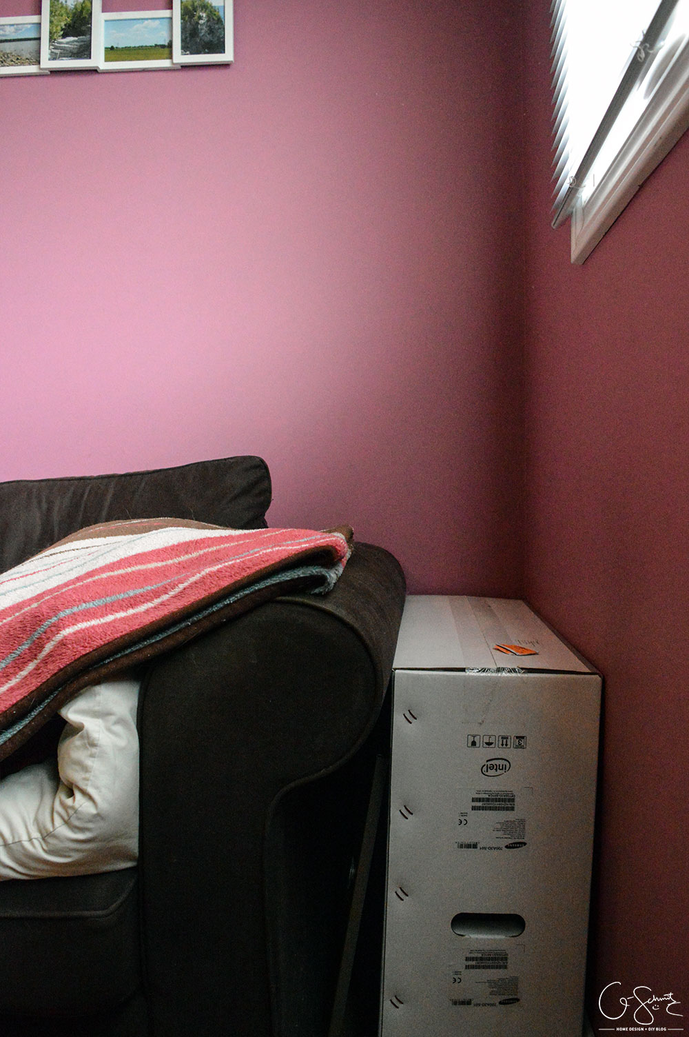 As soon as we moved into our house we painted all the rooms. For this room, I mixed a bunch of paint I already had to create the perfect “muted pepto-pink”, check it out in The Pink Room!