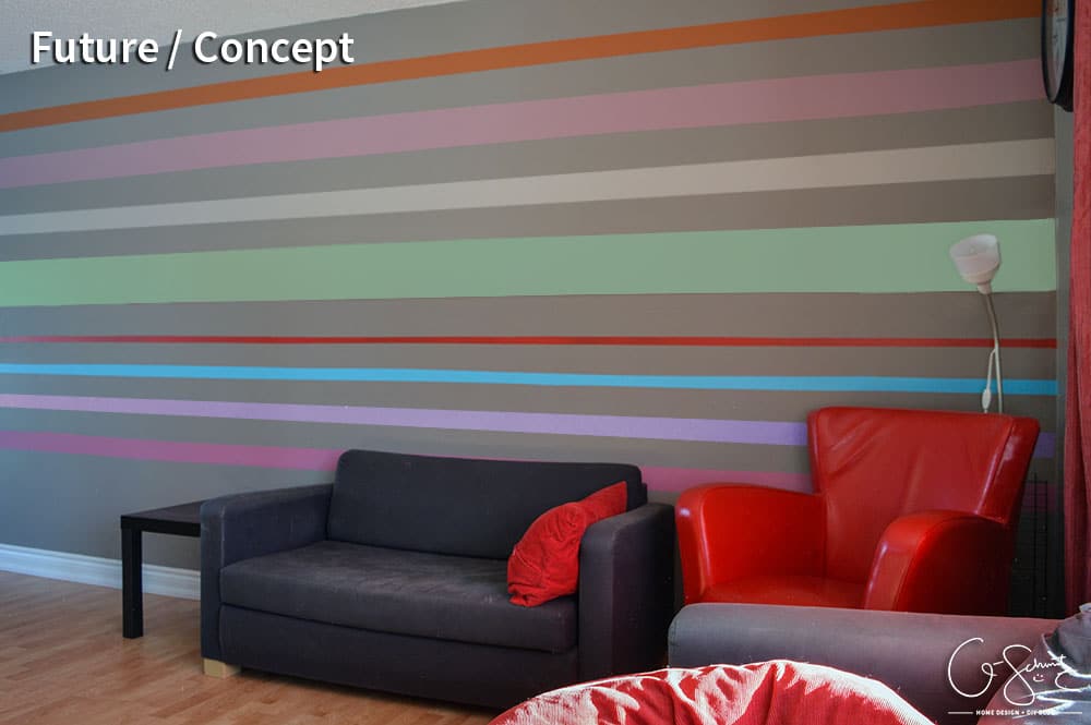 Our striped accent wall helps bring all the crazy and wild colours we used throughout the house into one cohesive location! 